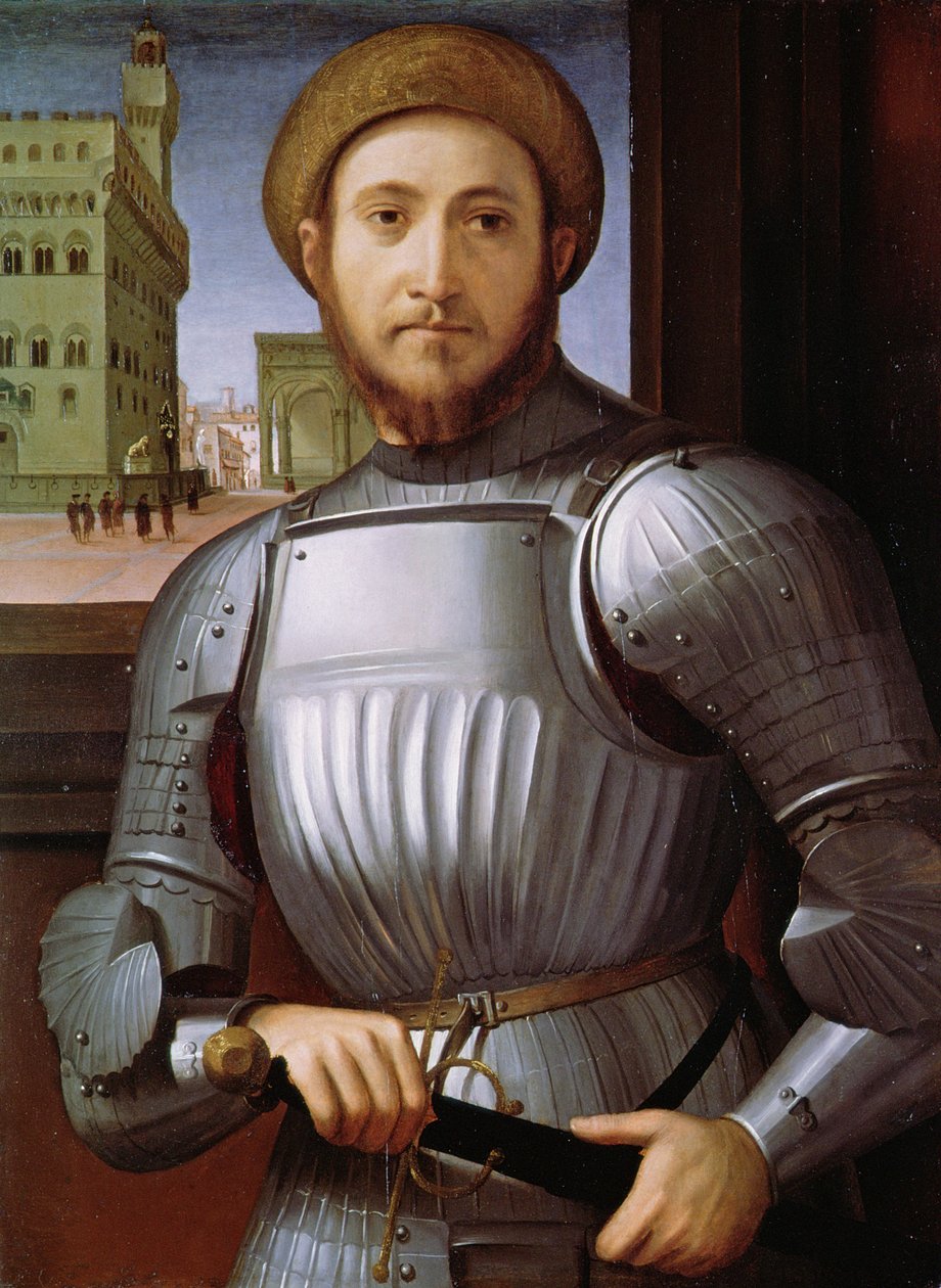 Portræt af en mand i Armourswed av Piero di Cosimo