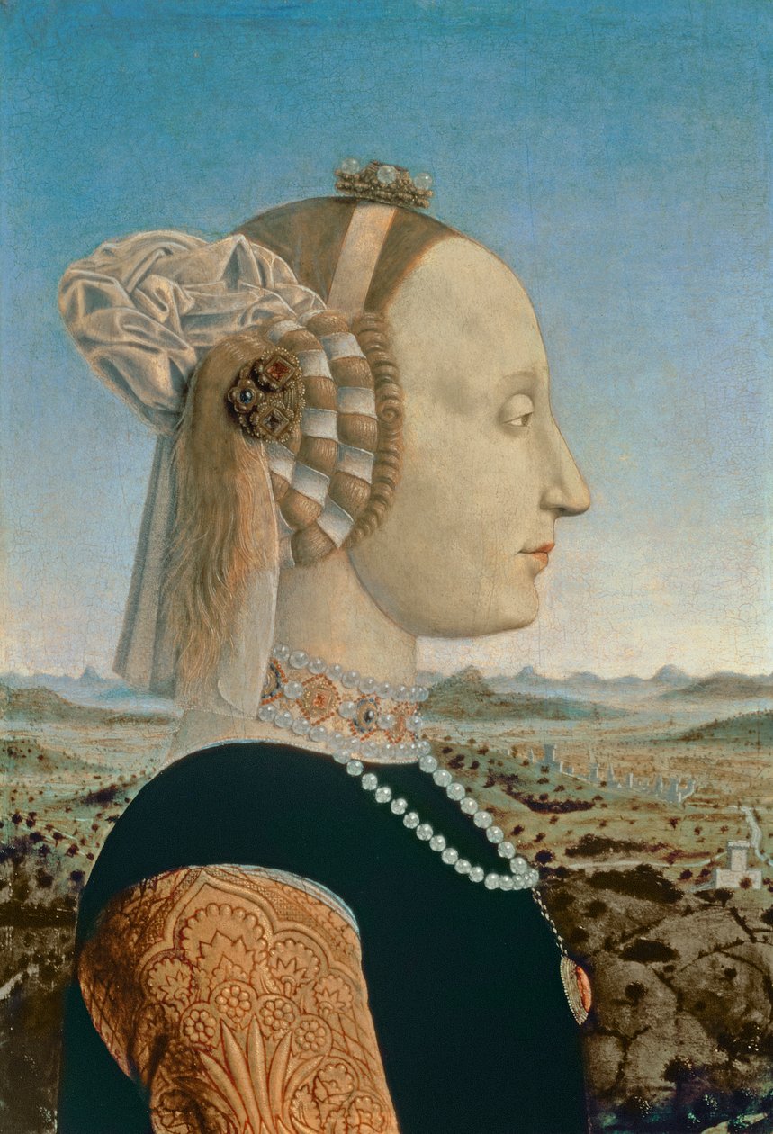 Battista Sforza, fru till Federigo da Montefeltro, hertig av Urbino, ca 1465 (detalj från 95420) av Piero della Francesca