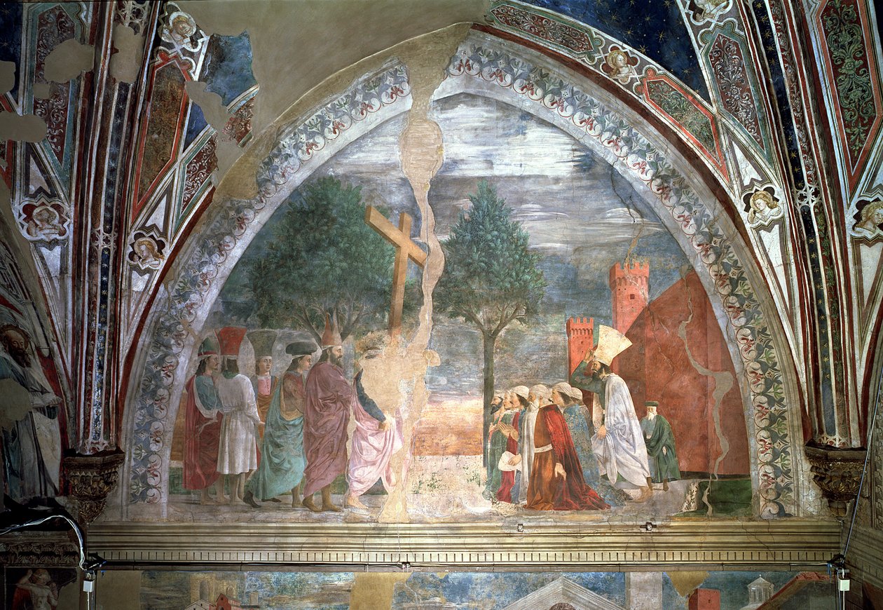 Korsets upphöjelse: Heraclius (ca 575-641) går in i Jerusalem med korset, från den sanna korscykeln, avslutad 1464 av Piero della Francesca