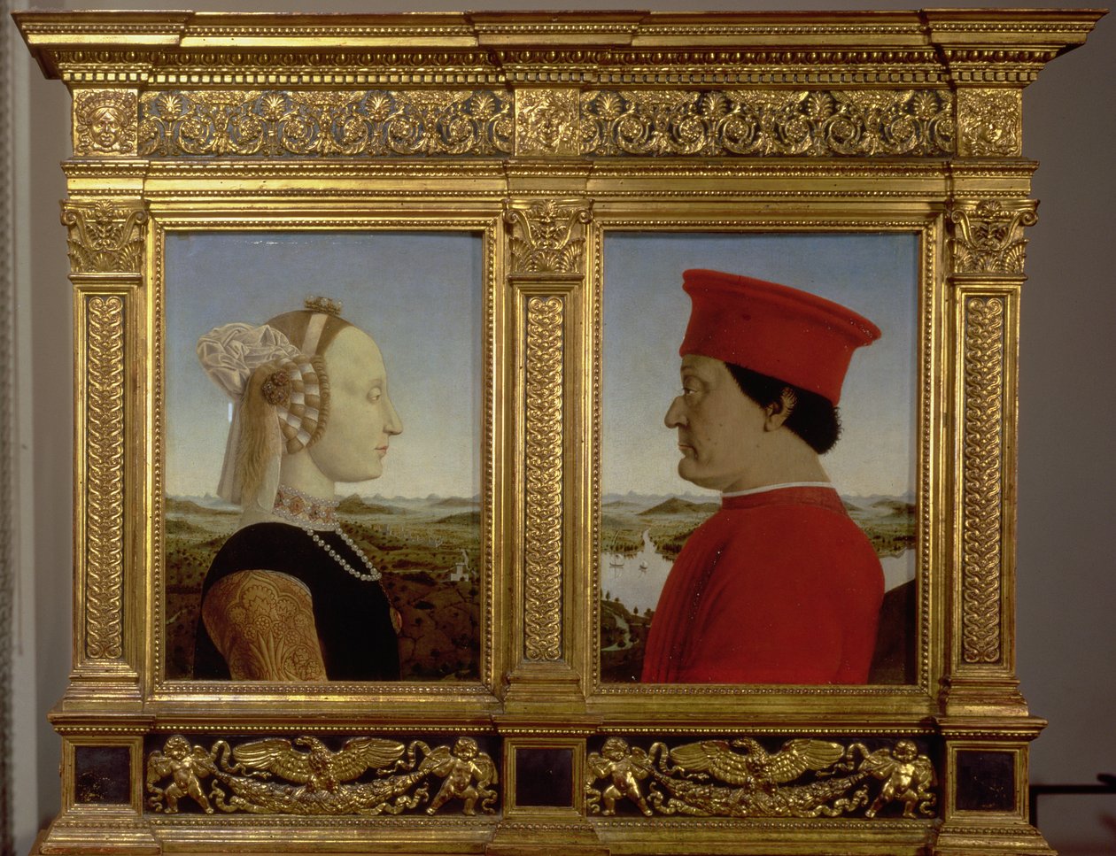 Porträtt av hertig Federico da Montefeltro (1422-82) och Battista Sforza, ca 1465 (tempera på panel) av Piero della Francesca