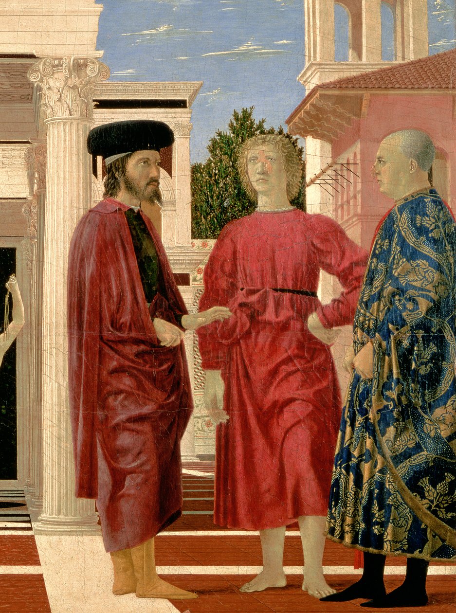 Kristi flagellation detalj av de tre figurerna i förgrunden c. 1459 olja och tempera på panel av Piero della Francesca