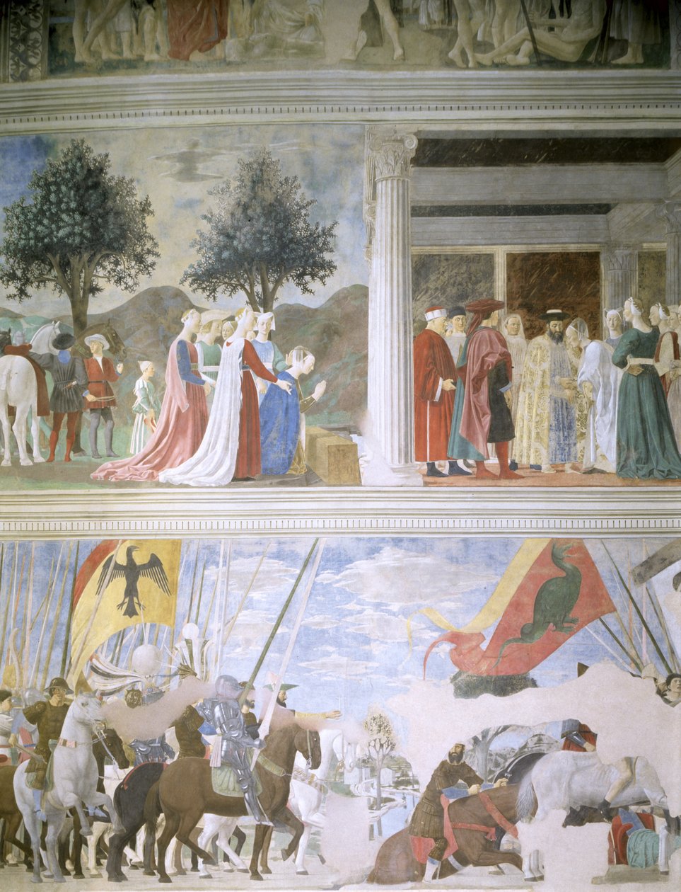 Drottningen av Saba som dyrkar det sanna korsets ved, mottagandet av drottningen av Saba av kung Salomo (ca 1015-977) och slaget vid Milvian Bridge, från cykeln Legenden om det sanna korset, ca. av Piero della Francesca