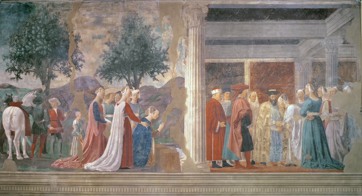 Drottningen av Saba dyrkar det sanna korsets ved och mottagandet av drottningen av Saba av kung Salomo (ca 1015-977) från cykeln Legend of the True Cross, avslutad 1464 av Piero della Francesca