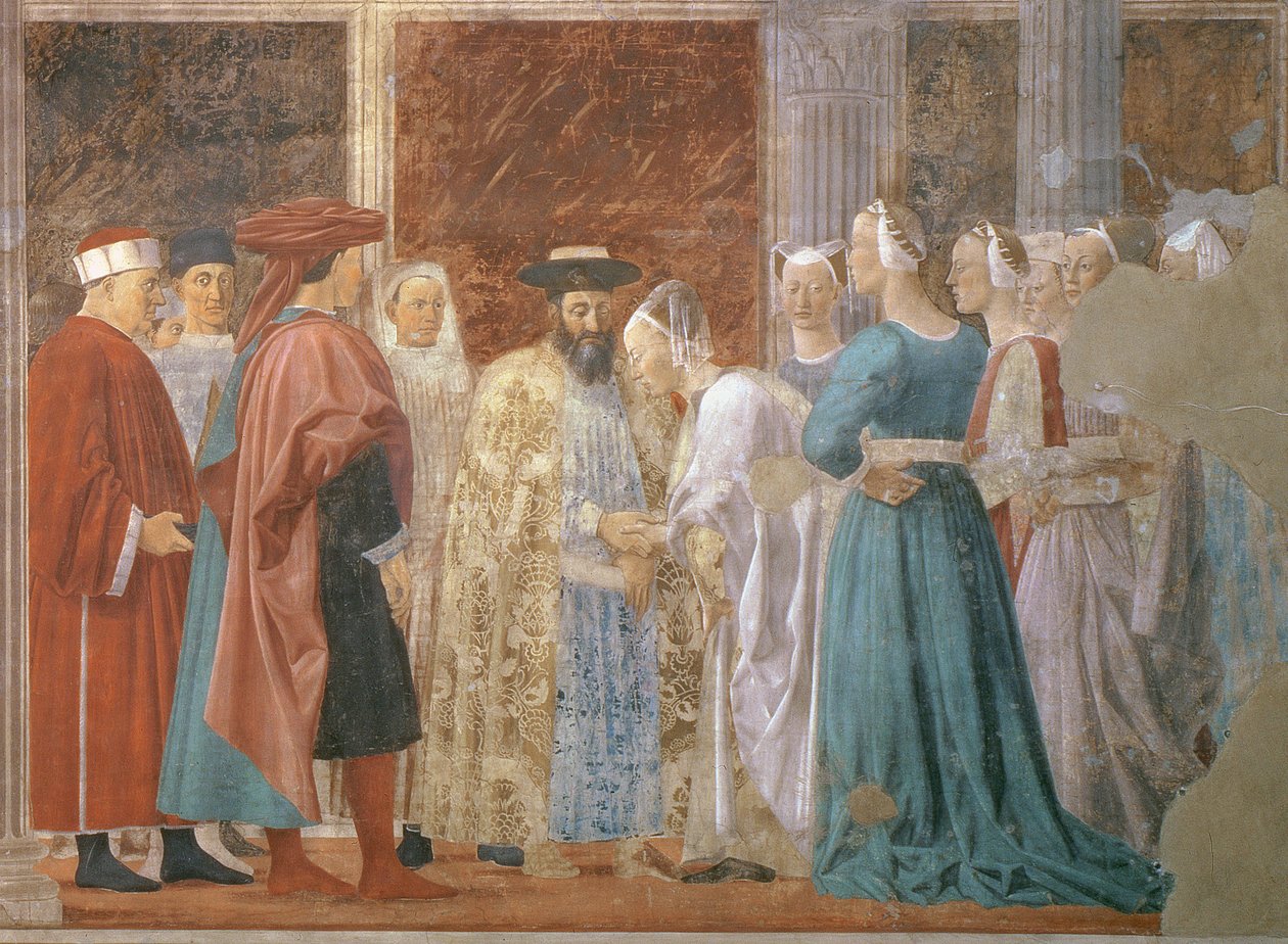 Kung Salomos mottagande av Sabas drottning ca 1015-977 från legenden om det sanna korset, färdigställd 1464 Freskedetalj av 109786 av Piero della Francesca