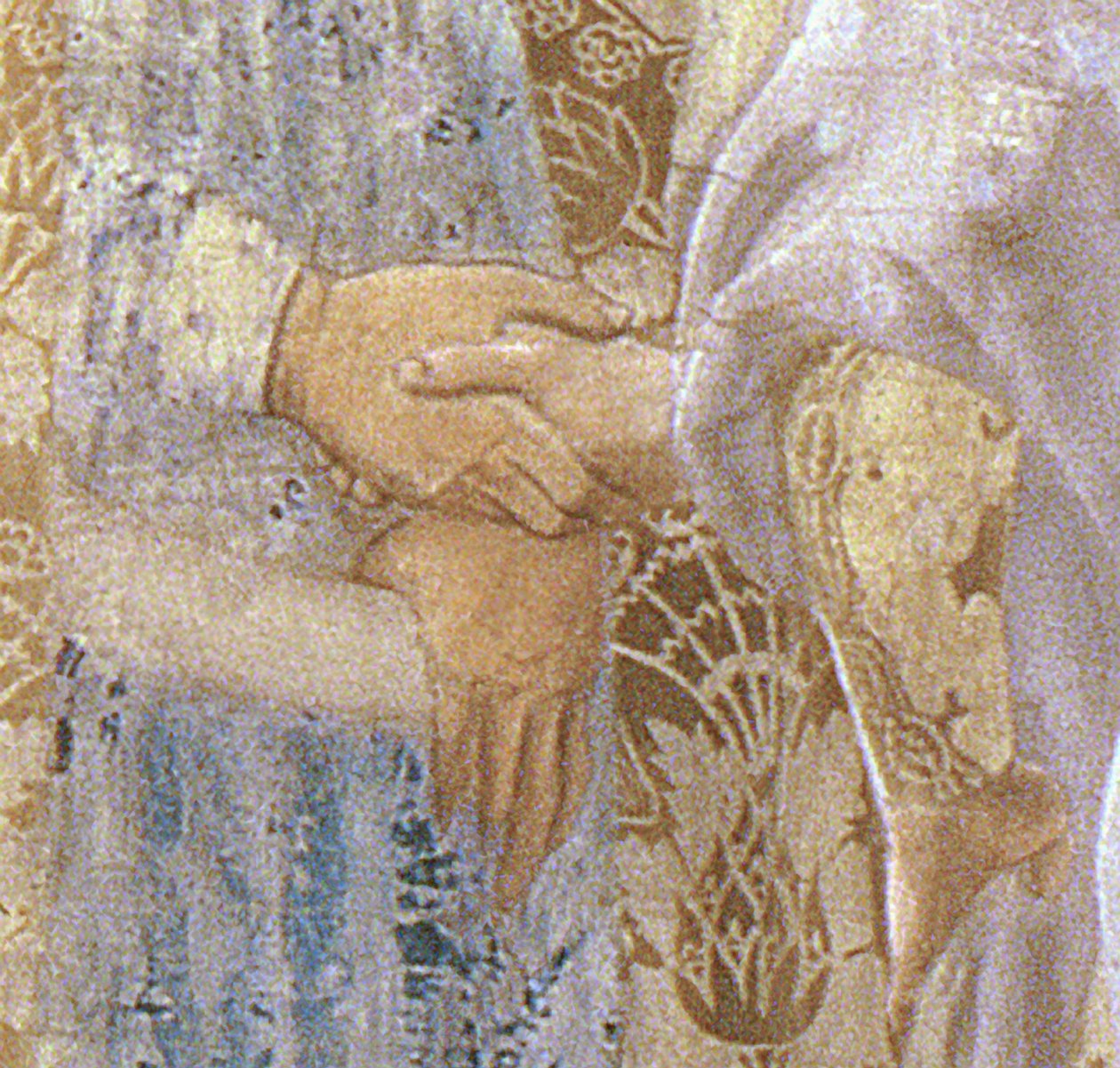 Kung Salomos mottagande av Sabas drottning ca 1015-977 från legenden om det sanna korset, detalj av händerna, fullbordad 1464, freskomålning av 109786 av Piero della Francesca