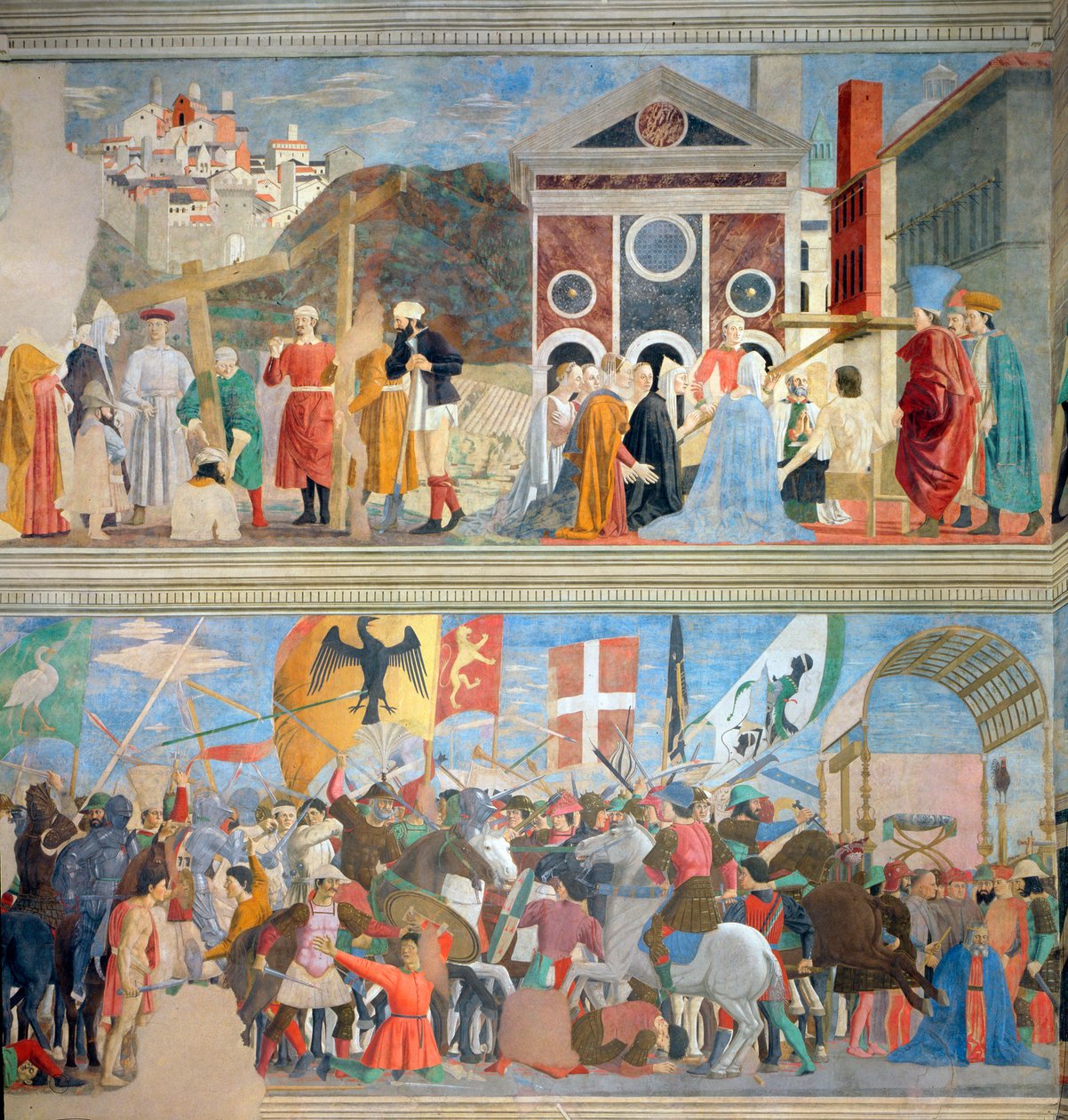 Verifieringen av det sanna korset, Heraclius seger och avrättningen av Chosroes år 628 e.Kr., från cykeln Legend of the True Cross, avslutades 1464 (efter restaurering) av Piero della Francesca