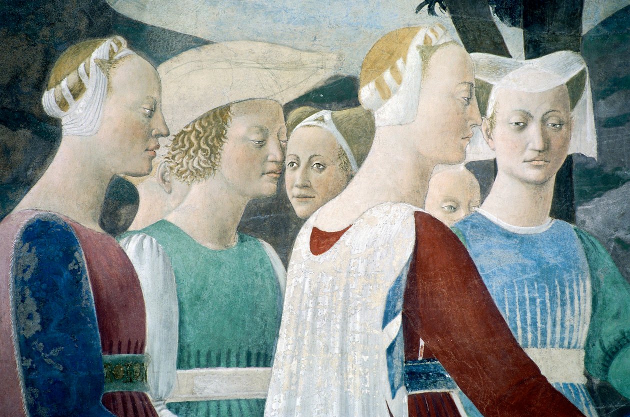 Detalj från Legenden om det sanna korset som visar tillbedjan av trä och mötet mellan drottningen av Saba och kung Salomo, av Piero della Francesca av Piero della Francesca