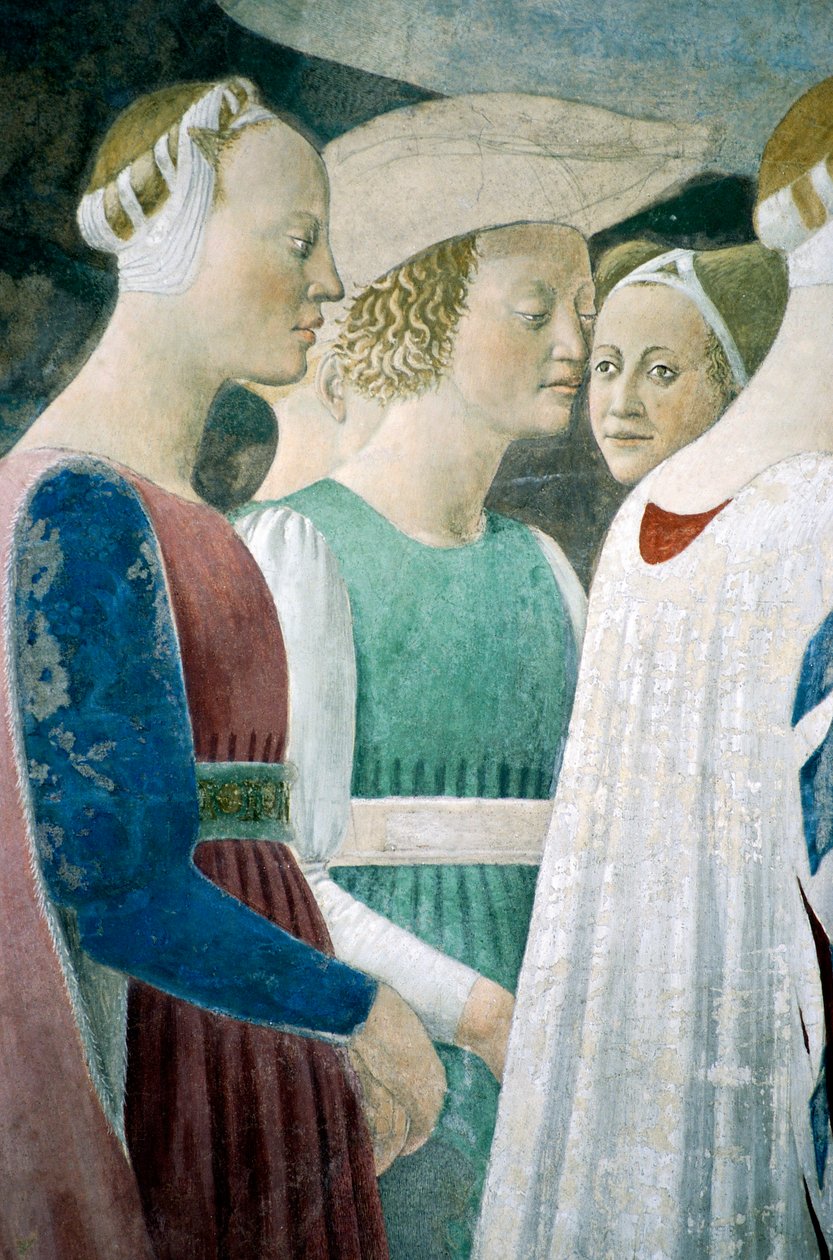 Detalj från Legenden om det sanna korset som visar tillbedjan av trä och mötet mellan drottningen av Saba och kung Salomo, av Piero della Francesca av Piero della Francesca