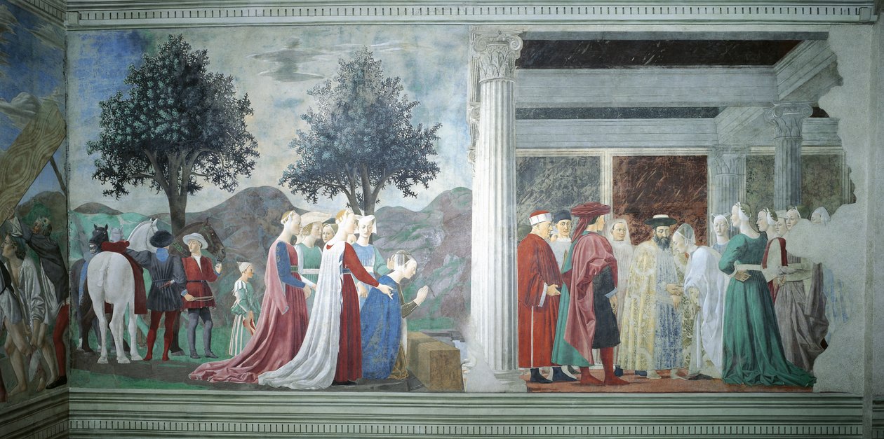 Detalj från legenden om det sanna korset som visar tillbedjan av heligt trä och mötet mellan drottningen av Saba och kung Salomo, av Piero della Francesca av Piero della Francesca