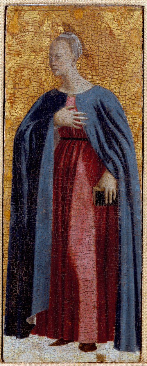 Polyptic of Misericorde: Jungfrun från Misericorde, omgiven av helgon. Detalj föreställande Jungfrun av bebådelsen. Målning på trä av Piero della Francesca (1415/20-1492) 1445-1460 Dim. 54x21 cm Sansepolcro, Pinacoteca Comunale av Piero della Francesca