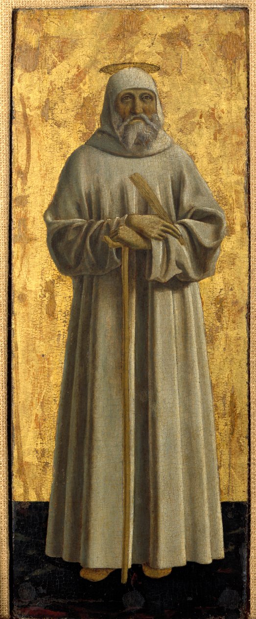 Polyptic of Misericorde: Jungfrun från Misericorde, omgiven av helgon. Detalj föreställande Saint Benedict of Nursie. Målning på trä av Piero della Francesca (1415/20-1492) 1445-1460 Dim. 54x21 cm Sansepolcro, Pinacoteca Comunale av Piero della Francesca