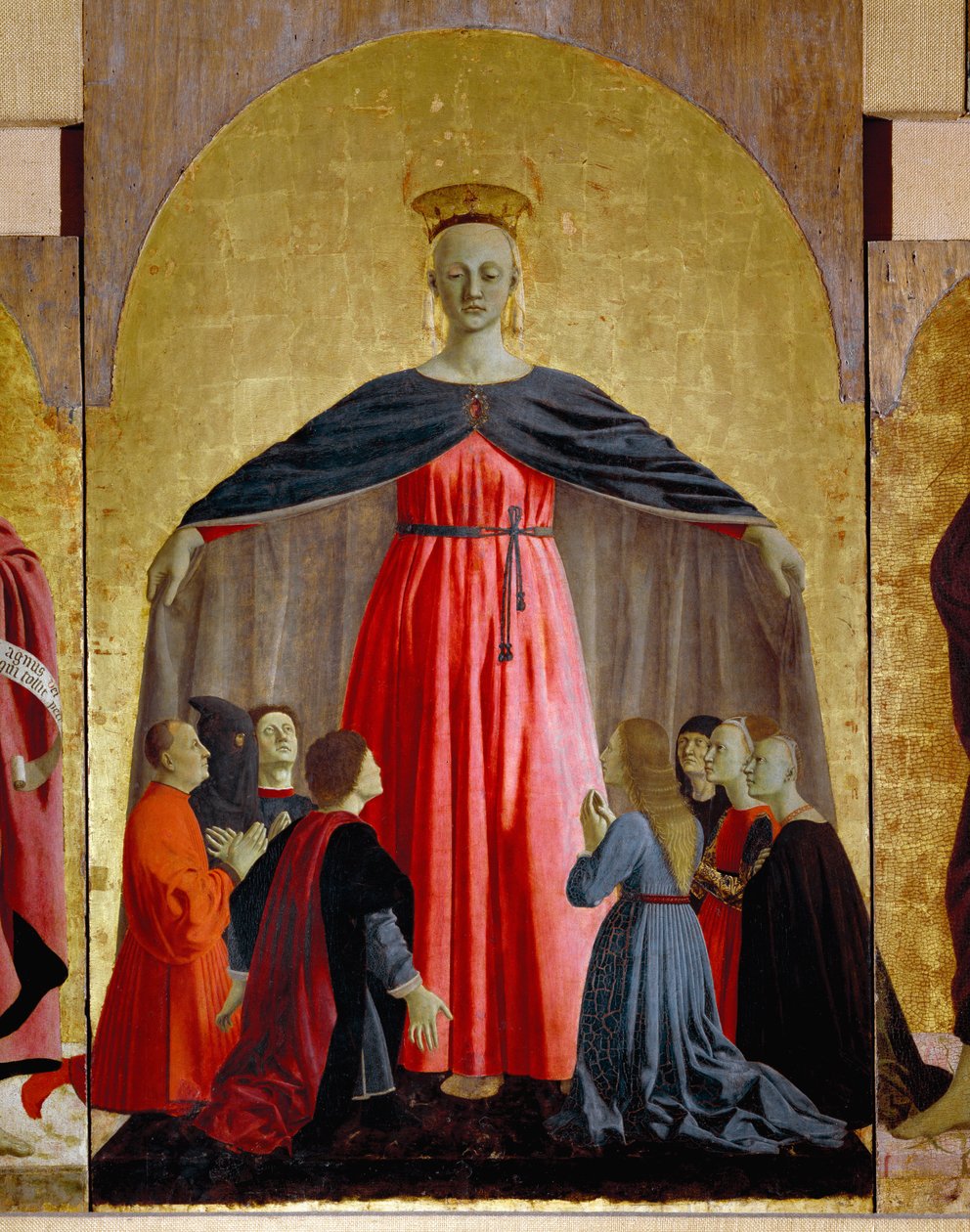 Polyptic of Misericorde: Jungfrun från Misericorde, omgiven av helgon. Detalj föreställande Jungfru Maria. Målning på trä av Piero della Francesca (1415/20-1492) 1445-1460 Dim. 134x91 cm Sansepolcro, Pinacoteca Comunale av Piero della Francesca