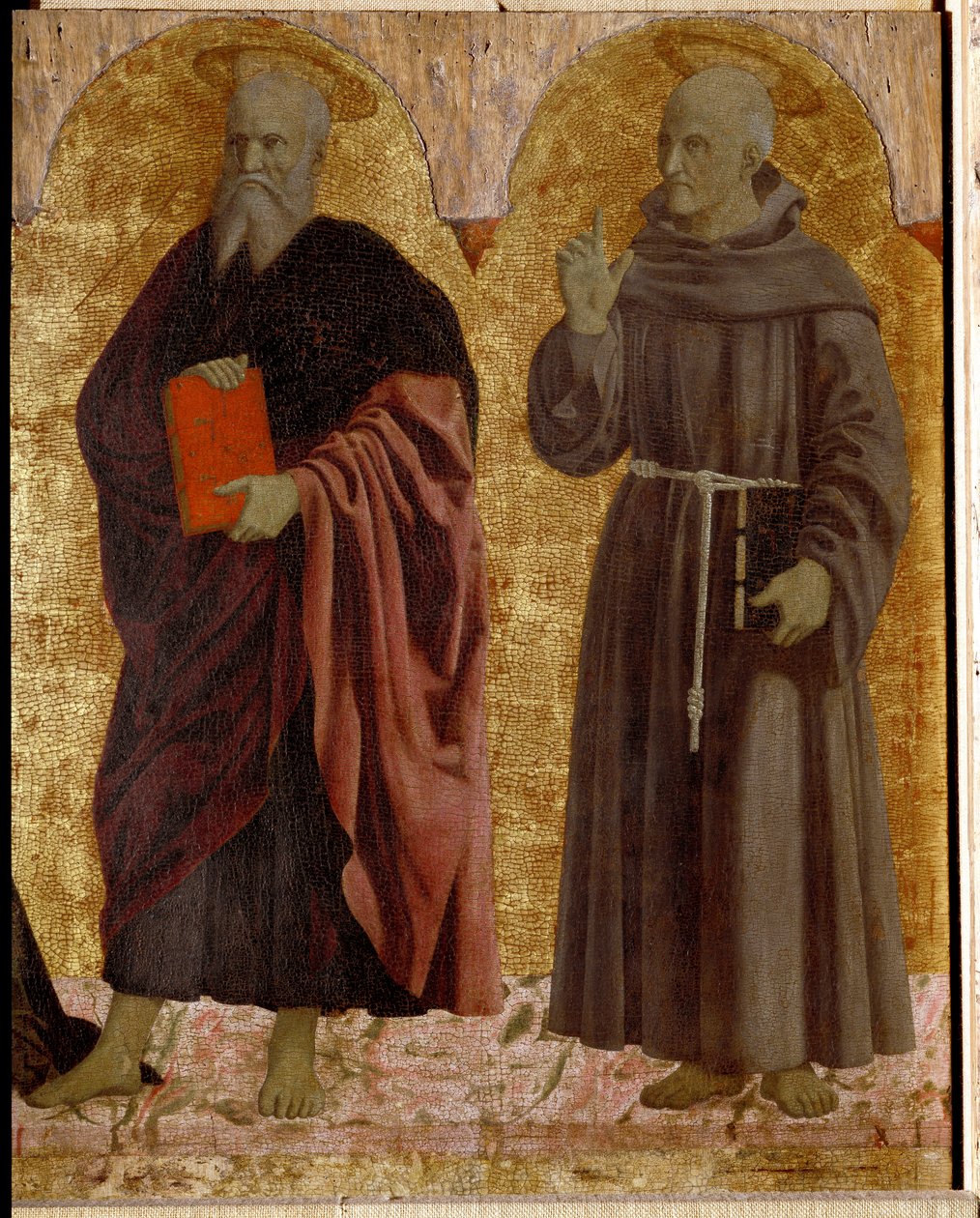 Polyptic of Misericorde: Jungfrun från Misericorde, omgiven av helgon. Detalj som föreställer Saint Andre och Saint Bernardino av Siena (Bernardino da Siena eller Bernardino degli Albizzeschi av Piero della Francesca