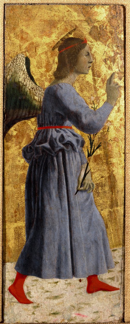 Polyptic of Misericorde: Jungfrun från Misericorde, omgiven av helgon. Detalj som representerar bebådelsens ängel. Målning på trä av Piero della Francesca (1415/20-1492) 1445-1460 Dim. 55x20 cm Sansepolcro, Pinacoteca Comunale av Piero della Francesca