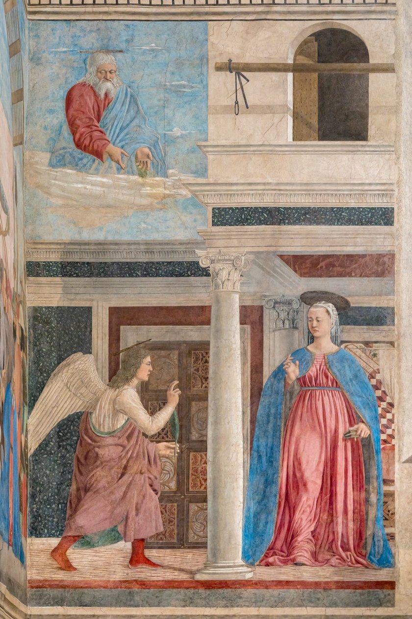 Bebådelsen, detalj av Berättelserna om det sanna korset (fresco) av Piero della Francesca