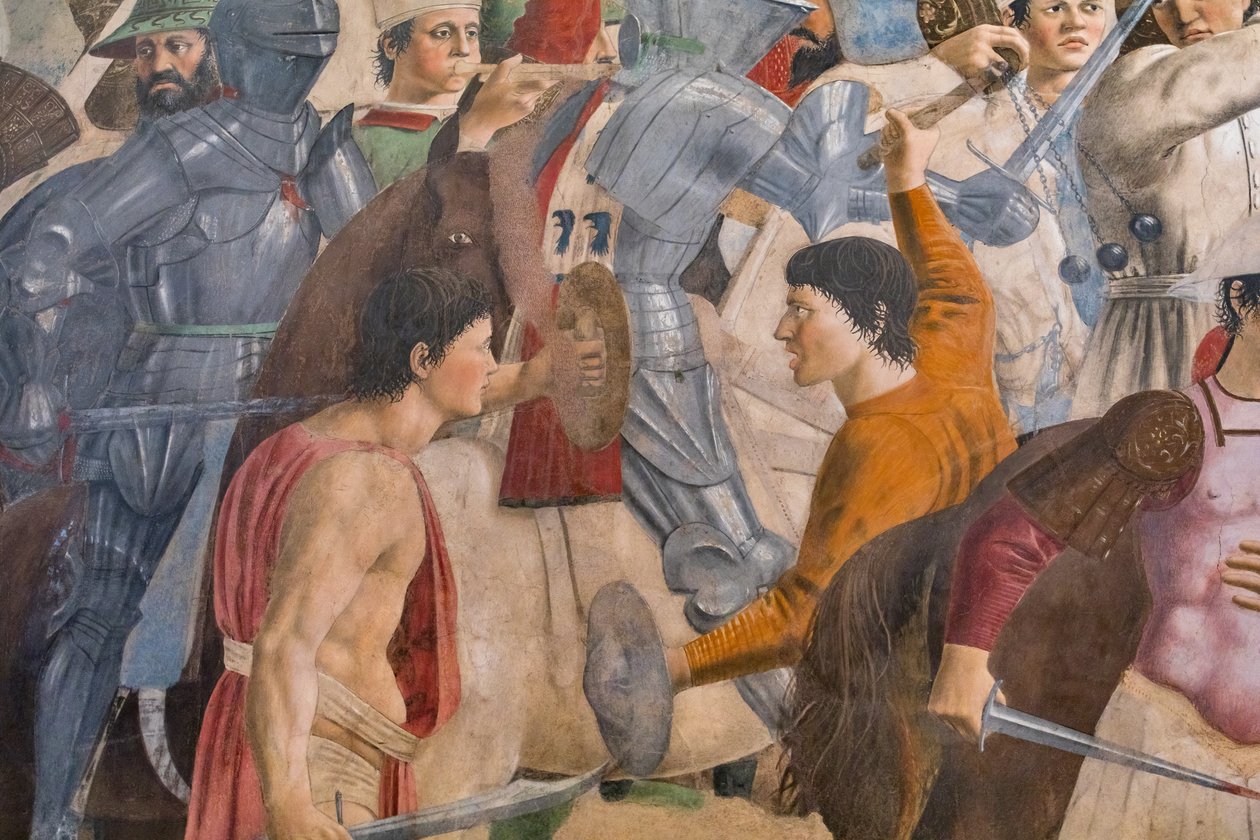 Slaget mellan Heraklius och Chosroes, detalj av Berättelserna om det sanna korset: strid med män, svärd och rustningar (fresk) av Piero della Francesca