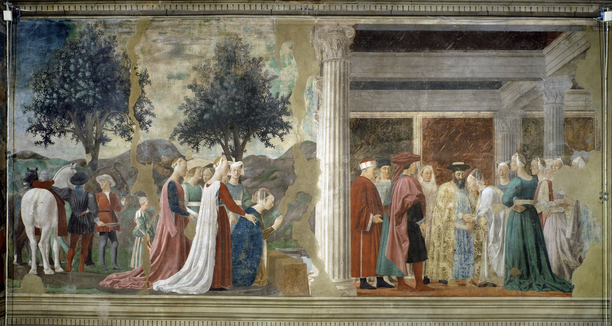 Legenden om det sanna korset, detalj om tillbedjan av den heliga skogen och mötet mellan Salomo och drottningen av Saba av Piero della Francesca