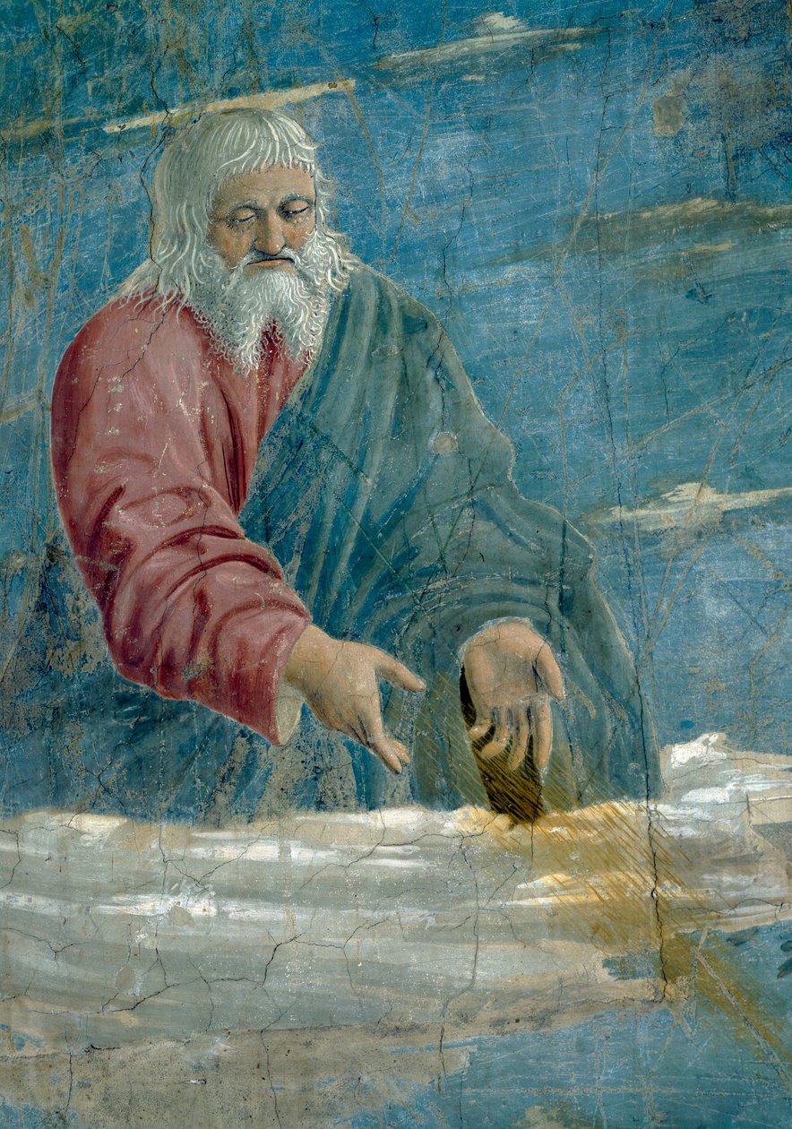 Legenden om det sanna korset, bebådelsen, detalj av Gud, avslutade 1464 freskdetalj av 58292 av Piero della Francesca