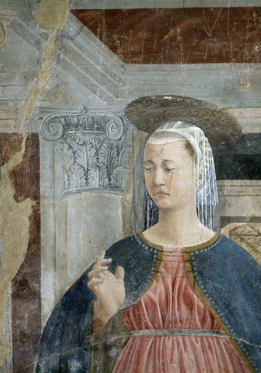 Legenden om det sanna korset, bebådelsen, detalj av Jungfrun, avslutade 1464 freskdetalj av 58292 av Piero della Francesca