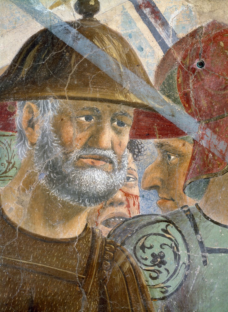 Legenden om det sanna korset, slaget vid Heraclius och Chosroes, detalj av en skäggig soldat, färdig fresk från 1464 av Piero della Francesca