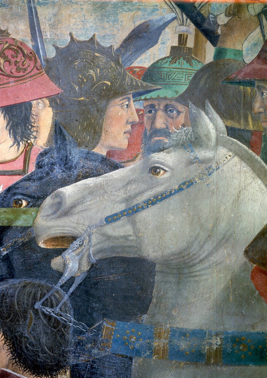 Legenden om det sanna korset, slaget vid Heraclius och Chosroes, detalj av en häst och soldater, färdigställd fresk från 1464 av Piero della Francesca