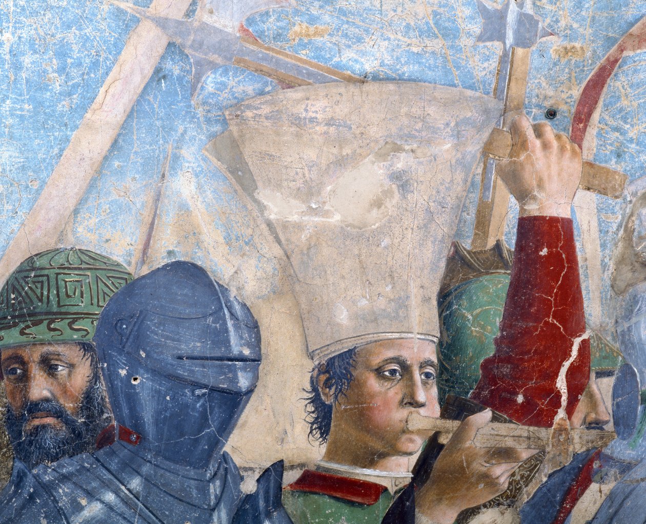 Legenden om det sanna korset, slaget vid Heraclius och Chosroes, detalj av en trumpetare, färdig fresk från 1464 av Piero della Francesca