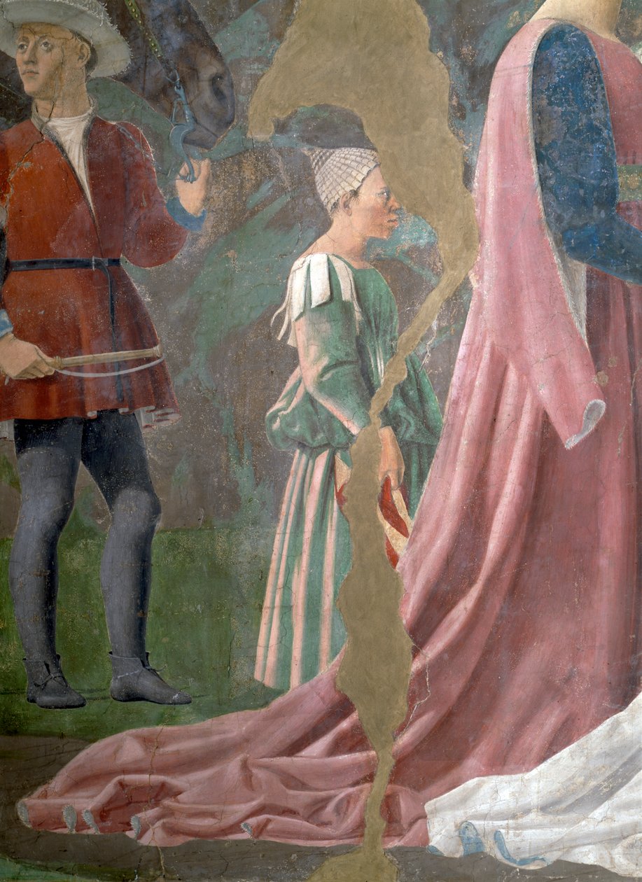 Legenden om det sanna korset, drottningen av Saba som dyrkar korsets trä, detalj av en skötare, färdig fresk från 1464 av Piero della Francesca