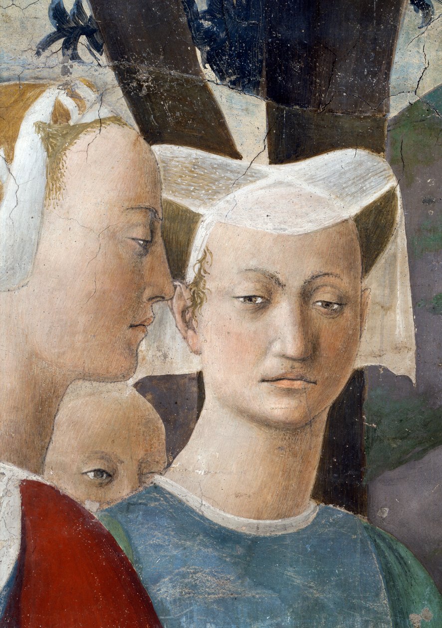 Legenden om det sanna korset, drottningen av Saba som dyrkar korsets trä, detalj om drottningen och en skötare, färdig fresk från 1464 av Piero della Francesca