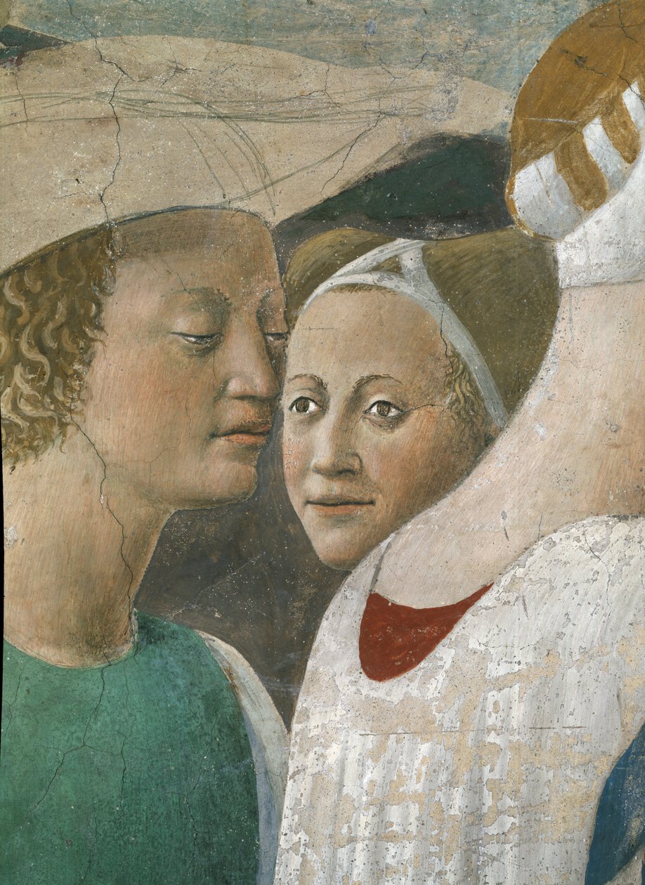 Legenden om det sanna korset, drottningen av Saba som dyrkar korsets trä, detalj av två skötare, färdig fresk från 1464 av Piero della Francesca