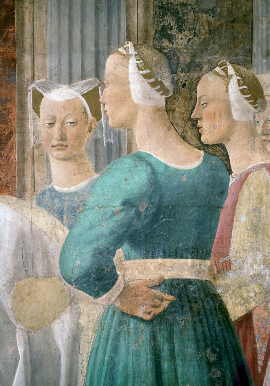 Legenden om det sanna korset, drottningen av Saba dyrkar korsets trä, detalj av tre kvinnliga skötare, färdig fresk från 1464 av Piero della Francesca