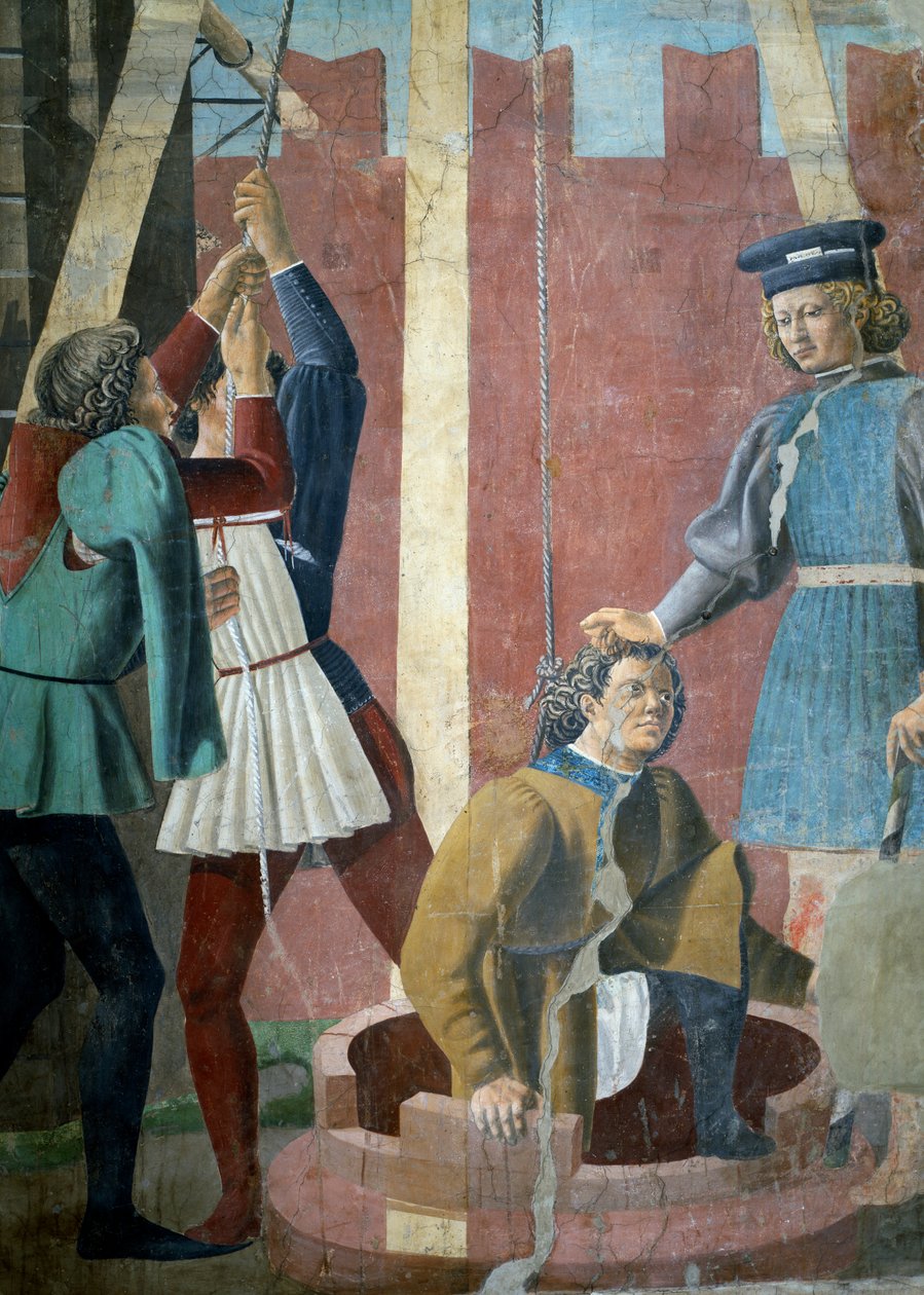 Legenden om det sanna korset, tortyren av juden, detalj av Judas som dras från brunnen, färdig 1464 freskdetalj av 58293 se även 116372 av Piero della Francesca