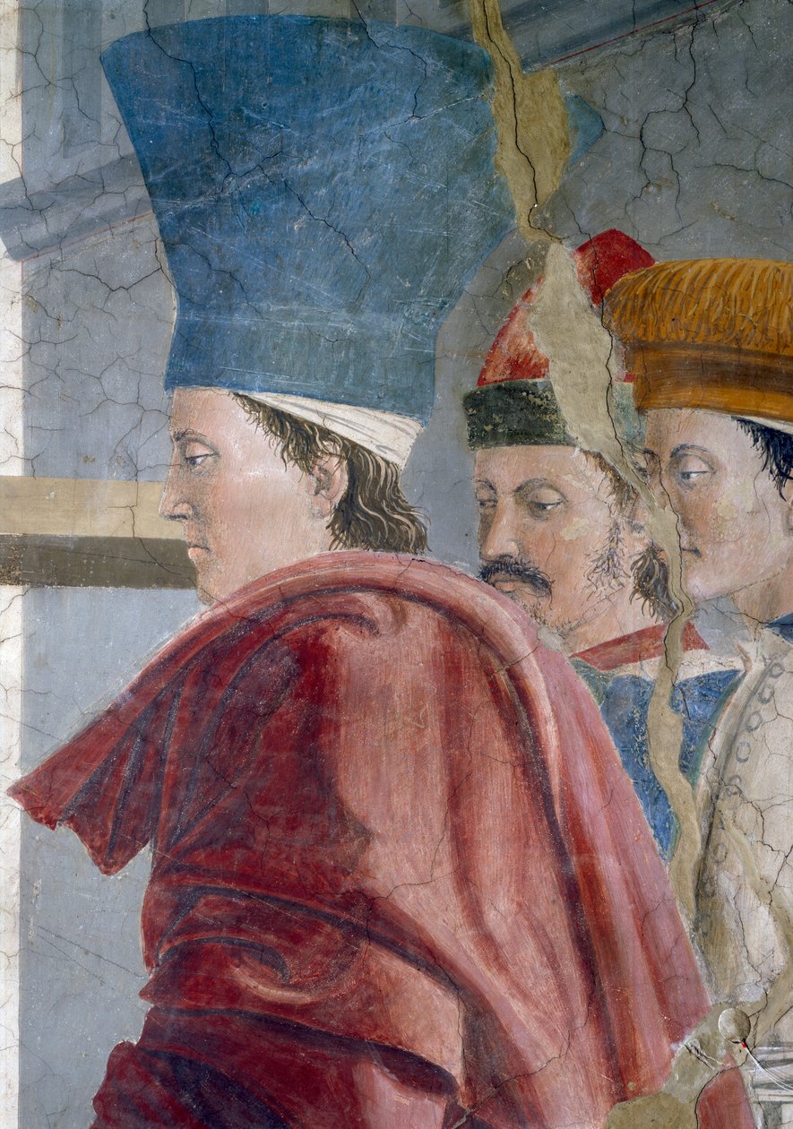 The Legend of the True Cross, the Verification of the True Cross, detalj av tre manliga skötare, färdig fresk från 1464 av Piero della Francesca