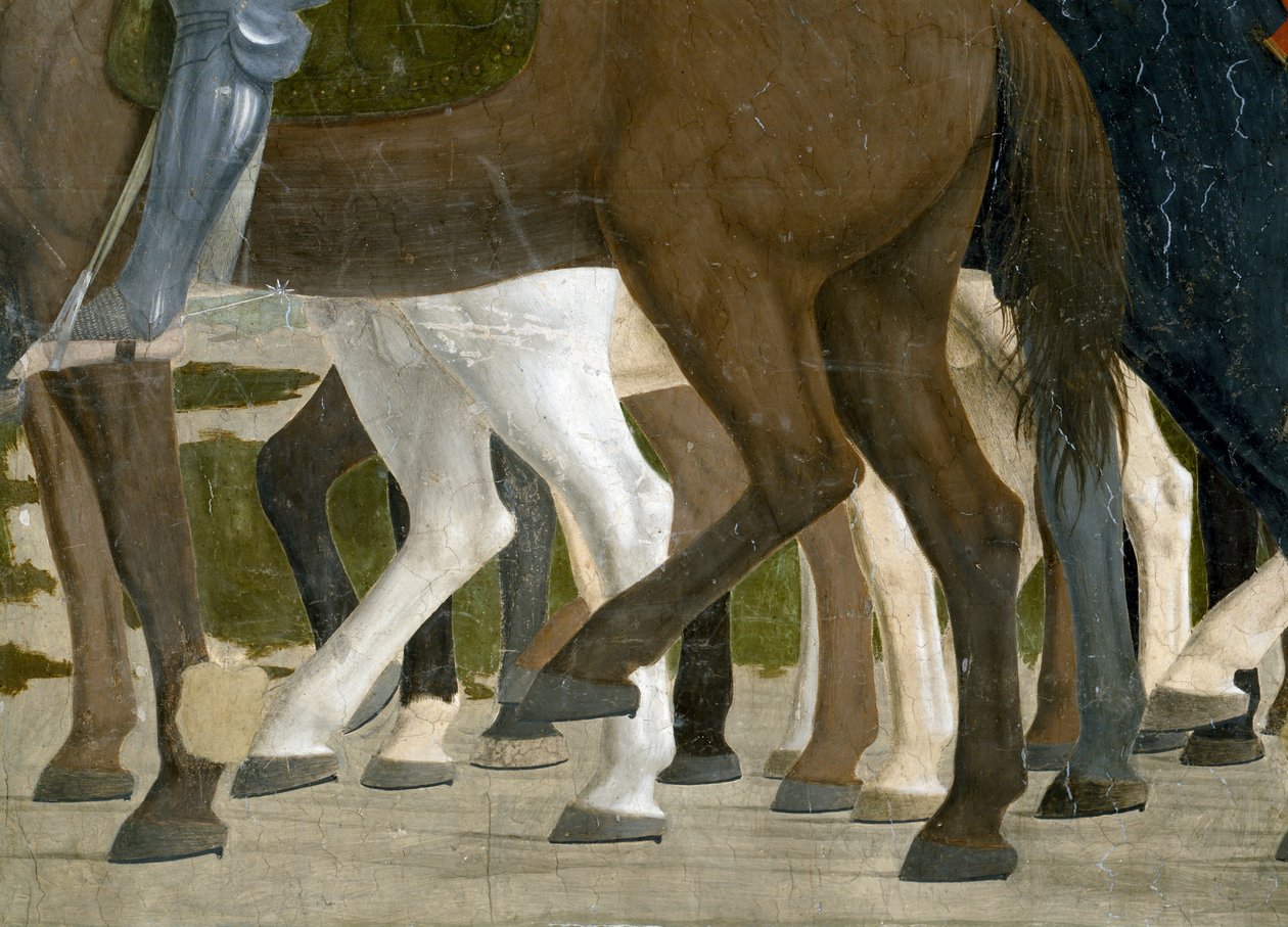 Legenden om det sanna korset, Konstantins seger vid slaget vid Milvian Bridge, detalj av hästens fötter, färdig fresk från 1464 av Piero della Francesca