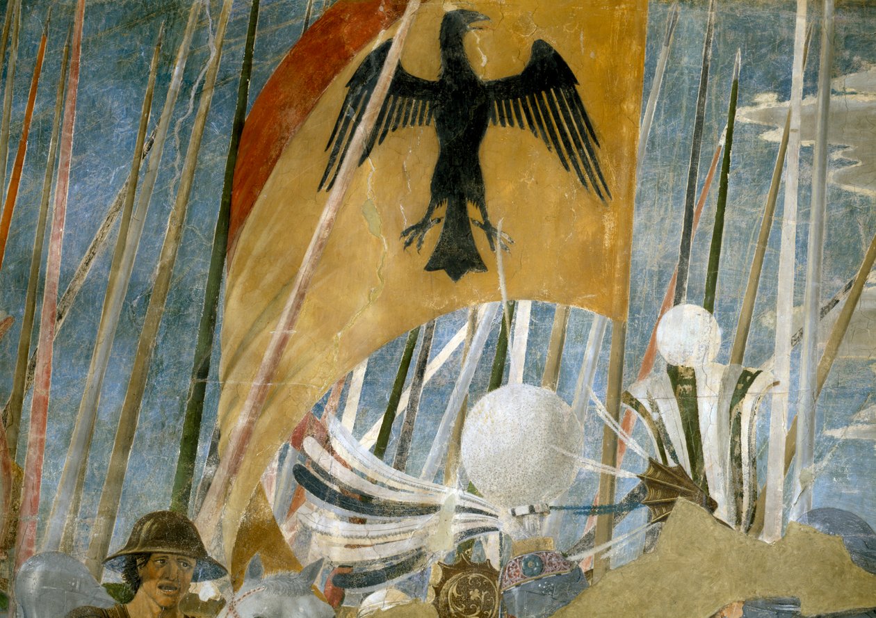 Legenden om det sanna korset, Konstantins seger vid slaget vid Milvian Bridge, detalj av banderoll, färdig fresk från 1464 av Piero della Francesca