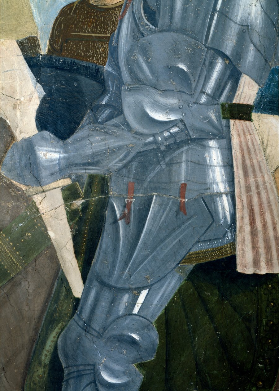 Legenden om det sanna korset, Konstantins seger i slaget vid Milvian Bridge, detalj av rustning, färdig fresk från 1464 av Piero della Francesca