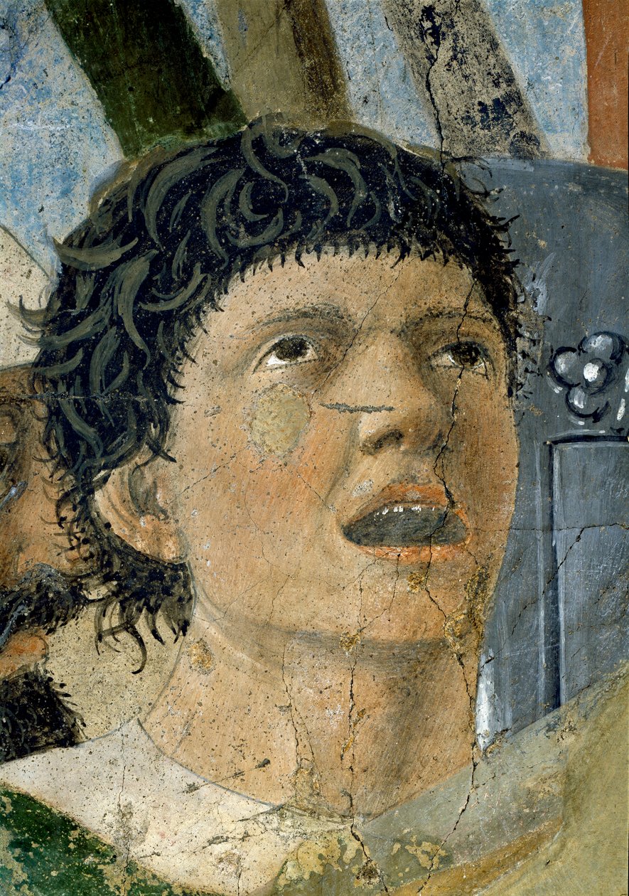 Legenden om det sanna korset, Konstantins seger i slaget vid Milvian Bridge, detalj av en ropande man, färdig fresk från 1464 av Piero della Francesca