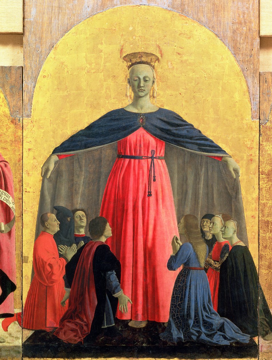 The Madonna of Mercy, central panel från Misericordia altartavla, 1445 tempera på paneldetalj av 95884 av Piero della Francesca