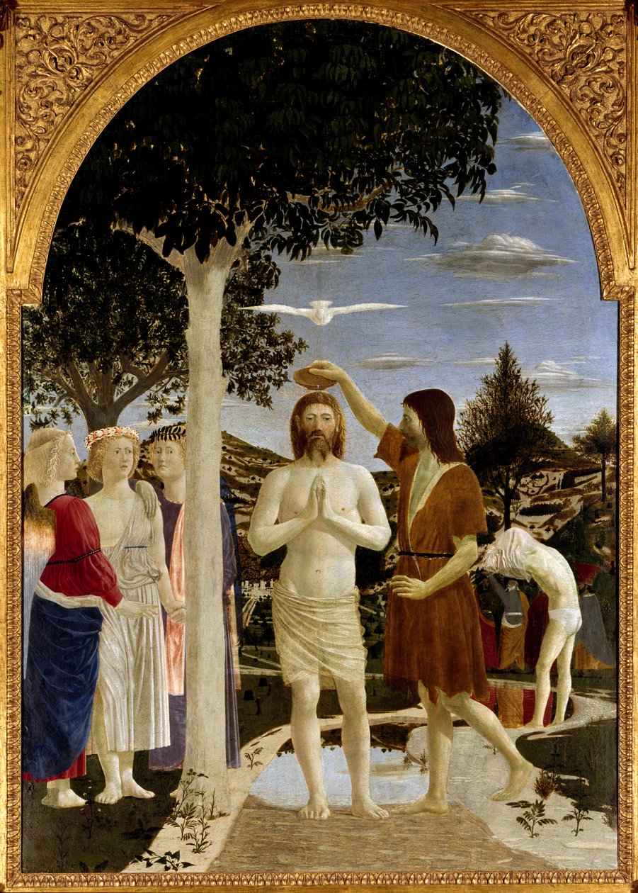 Kristi dop Johannes döparen döper Jesus medan en annan man bakom honom också förbereder sig för dop. Den Helige Ande över Kristus i form av duvan och lärjungarna till vänster som tittar på scenen. Fresk av Piero della Francesca (1410/1420- av Piero della Francesca