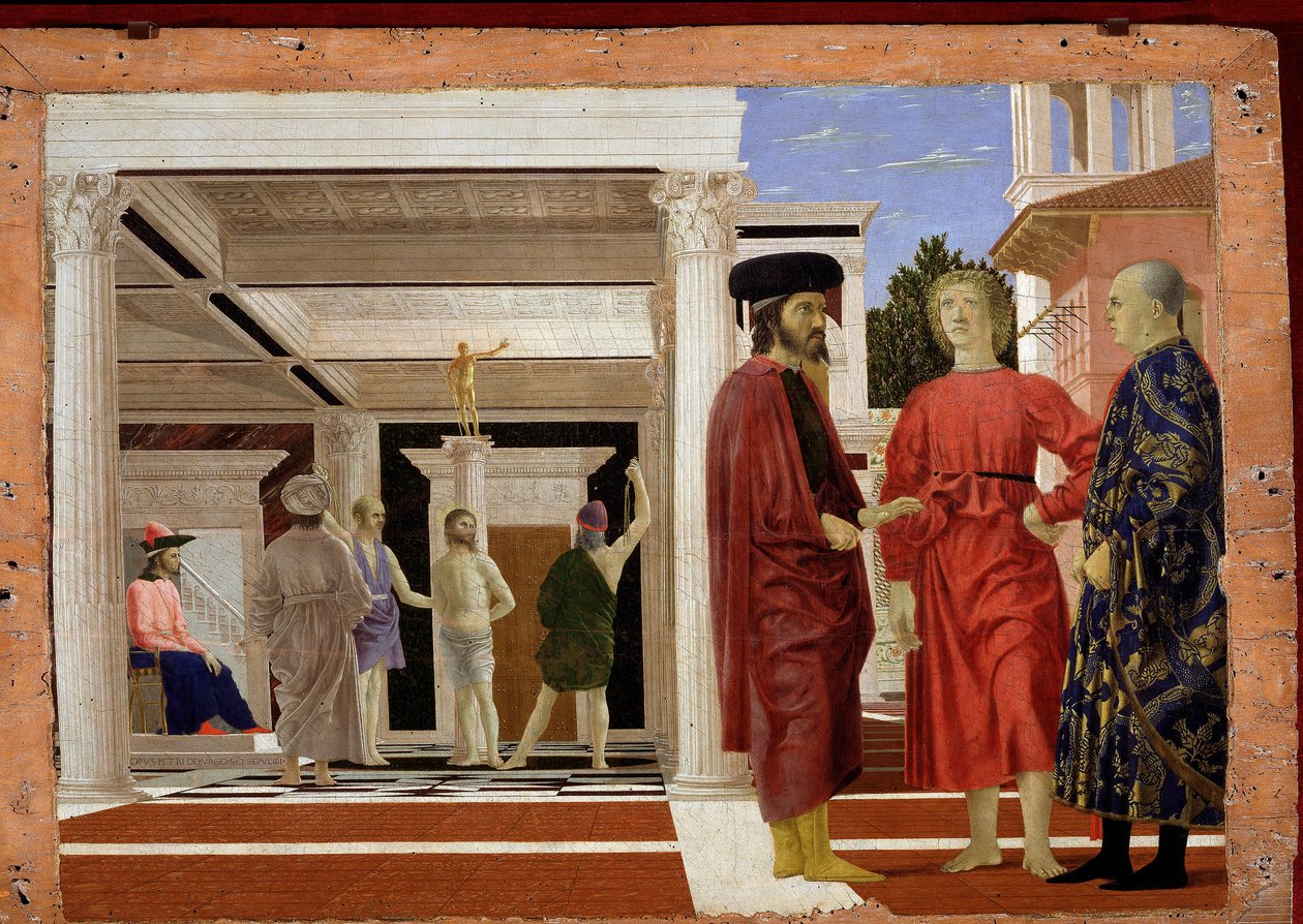 The flagellation of Christ, 1444-50 (olja och tempera på trä) av Piero della Francesca