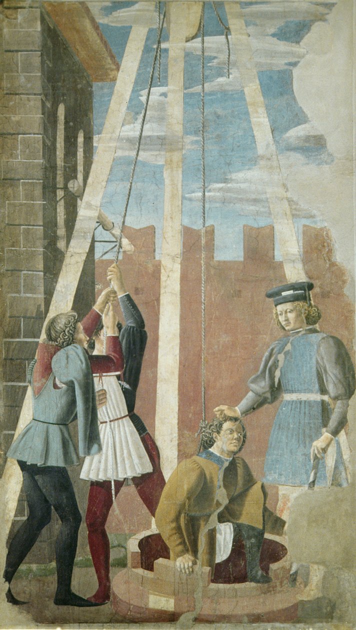 Tortyr av juden: Judas dras ur brunnen, från det sanna korsets cykel, färdigställd 1464 (fresk) av Piero della Francesca