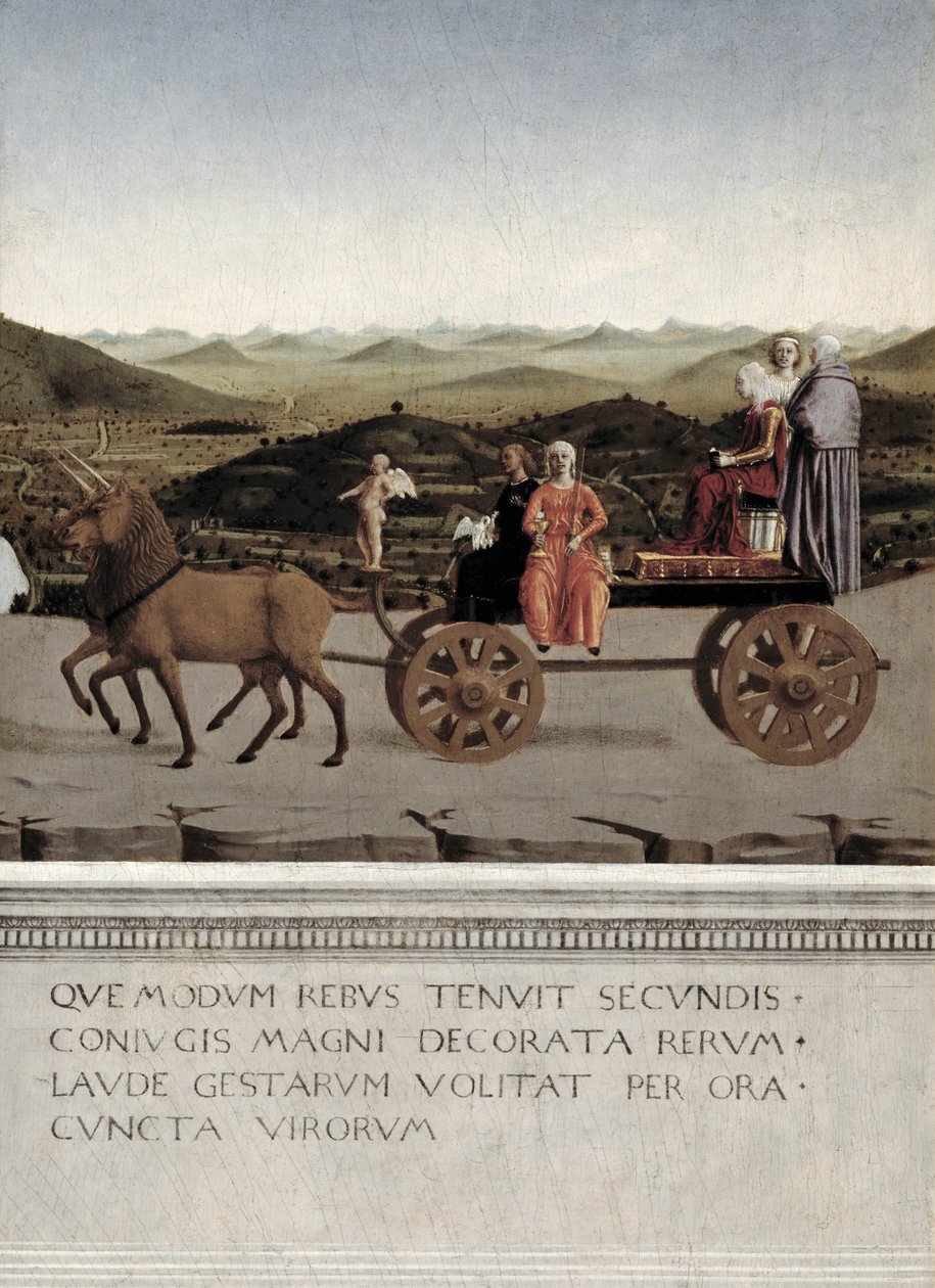 Triumf av Battista Sforza, hertiginna av Urbino. Battista och hennes tjänarinna, två teologiska dygder och en nunna ritas i en triumfbil av två bruna enhörningar, efter 1472 (tempera på panelen) (detalj av Piero della Francesca