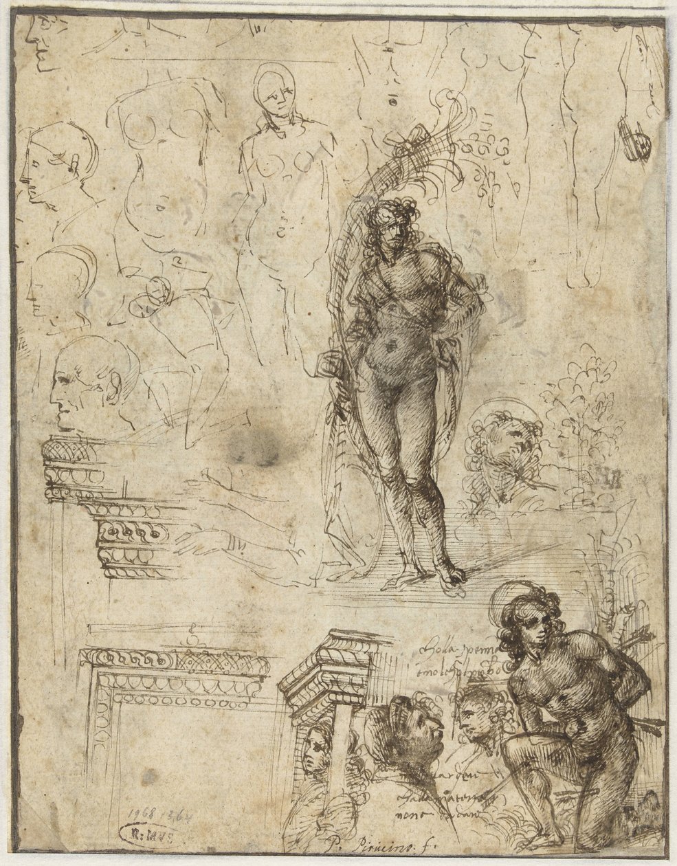 Studieblad med huvuden, figurer och arkitektoniska fragment Studieblad med huvuden, figurer och arkitektoniska fragment av Piero di Cosimo (attributed to)