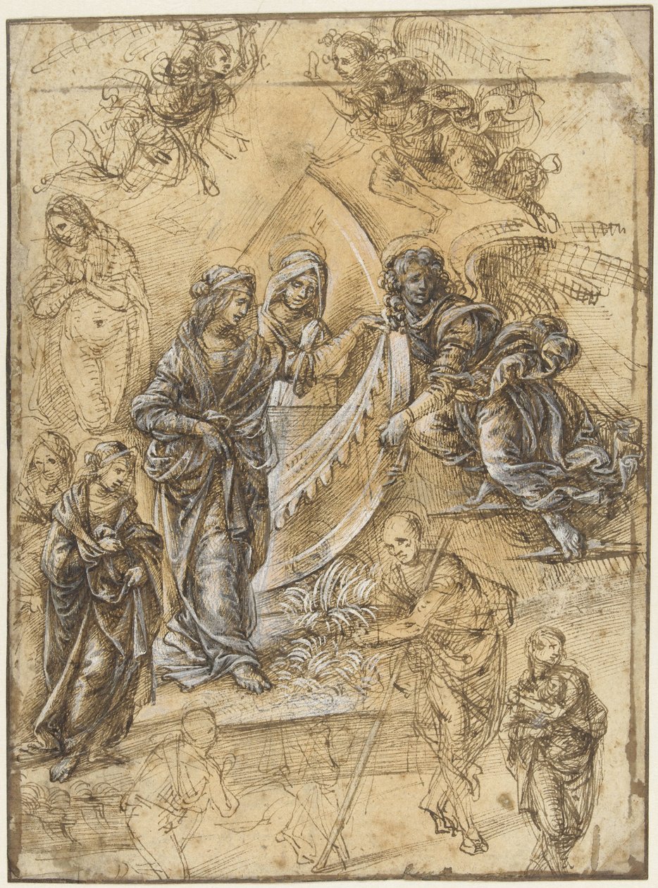 Studieblad med Jungfru Maria, heliga, änglar och figurer från tillbedjan av männen av Piero di Cosimo (attributed to)