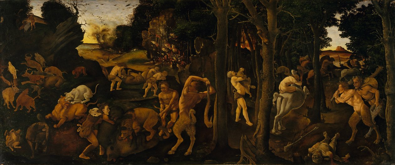 En jaktscen, c.1494-1500 (temperatur och olja överförd till masonit) av Piero di Cosimo