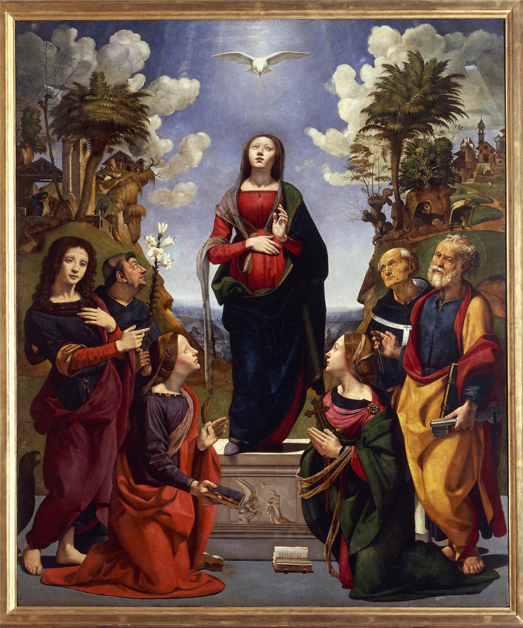 Obefläckad befruktning omgiven av heliga, ca 1500-05 (tempera grassa på trä) av Piero di Cosimo
