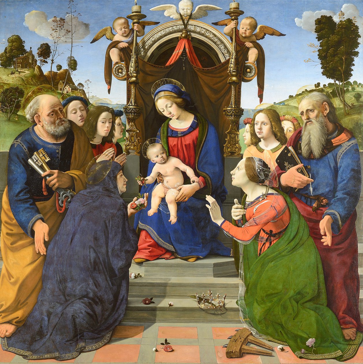 Madonna och barnet med helgonet Petrus, Johannes evangelisten, Elisabet av Ungern (), Katarina av Alexandria och änglar av Piero di Cosimo