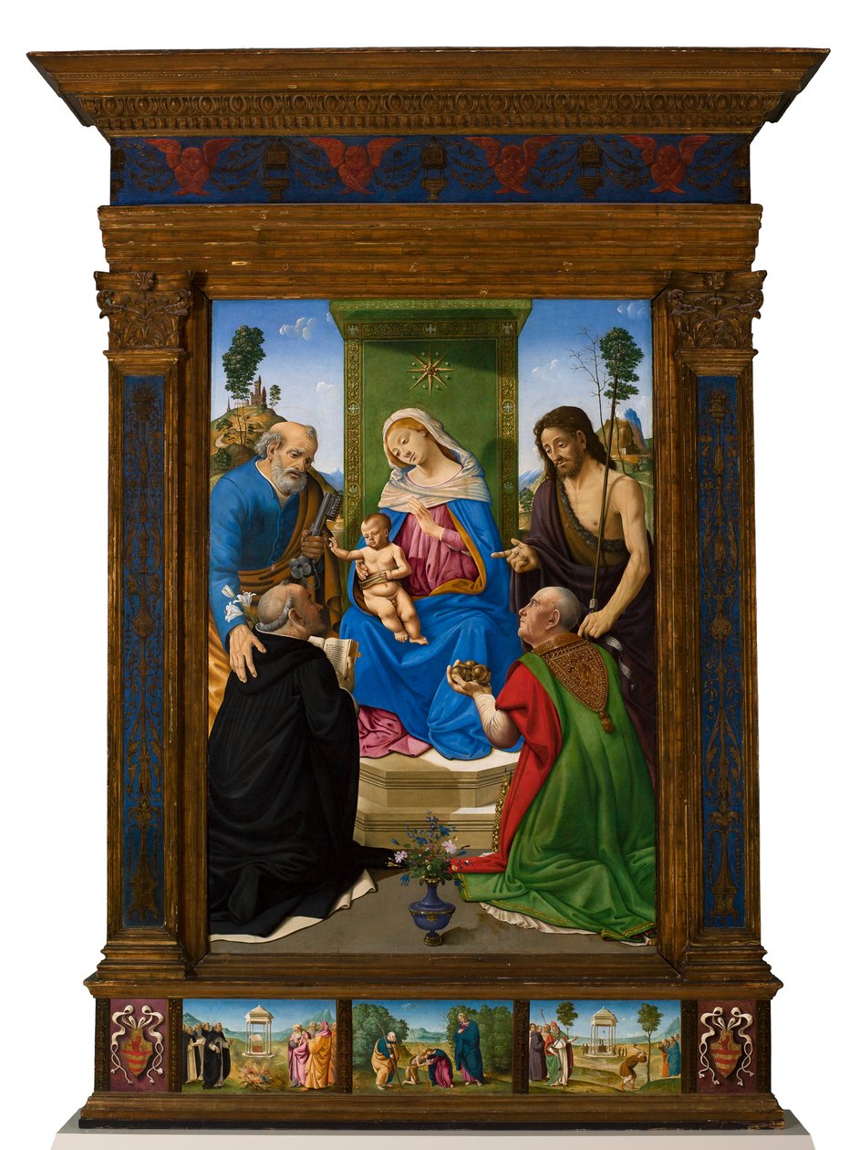 Madonnan med barnet på tronen med helgonen Petrus, Johannes Döparen, Dominikus och Nikolaus av Bari av Piero di Cosimo