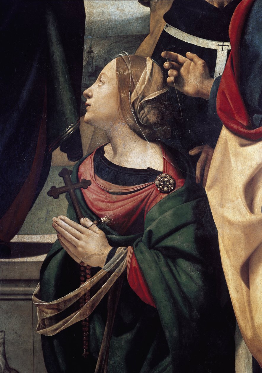 Saint Margarita av Antiochia, detalj av Immaculee befruktning omgiven av 6 helgon. (Olja på duk, ca 1505) av Piero di Cosimo