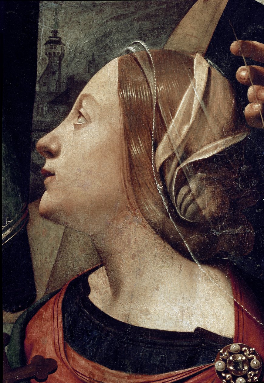 Saint Margarita av Antiochia, detalj av Immaculee befruktning omgiven av 6 helgon. (Olja på duk, ca 1505) av Piero di Cosimo