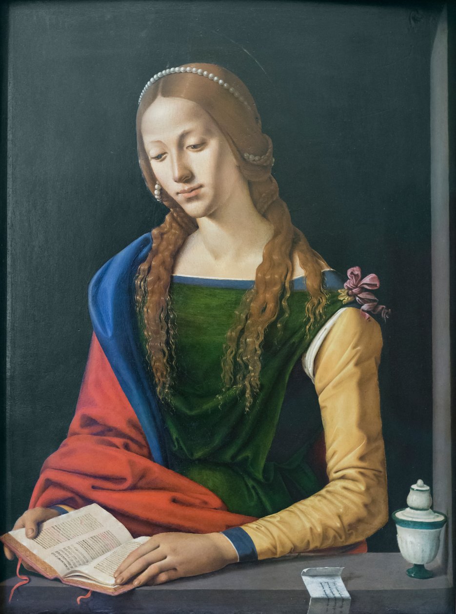 Sankta Maria Magdalena läsning, sent 1400-tal (olja på panel) av Piero di Cosimo